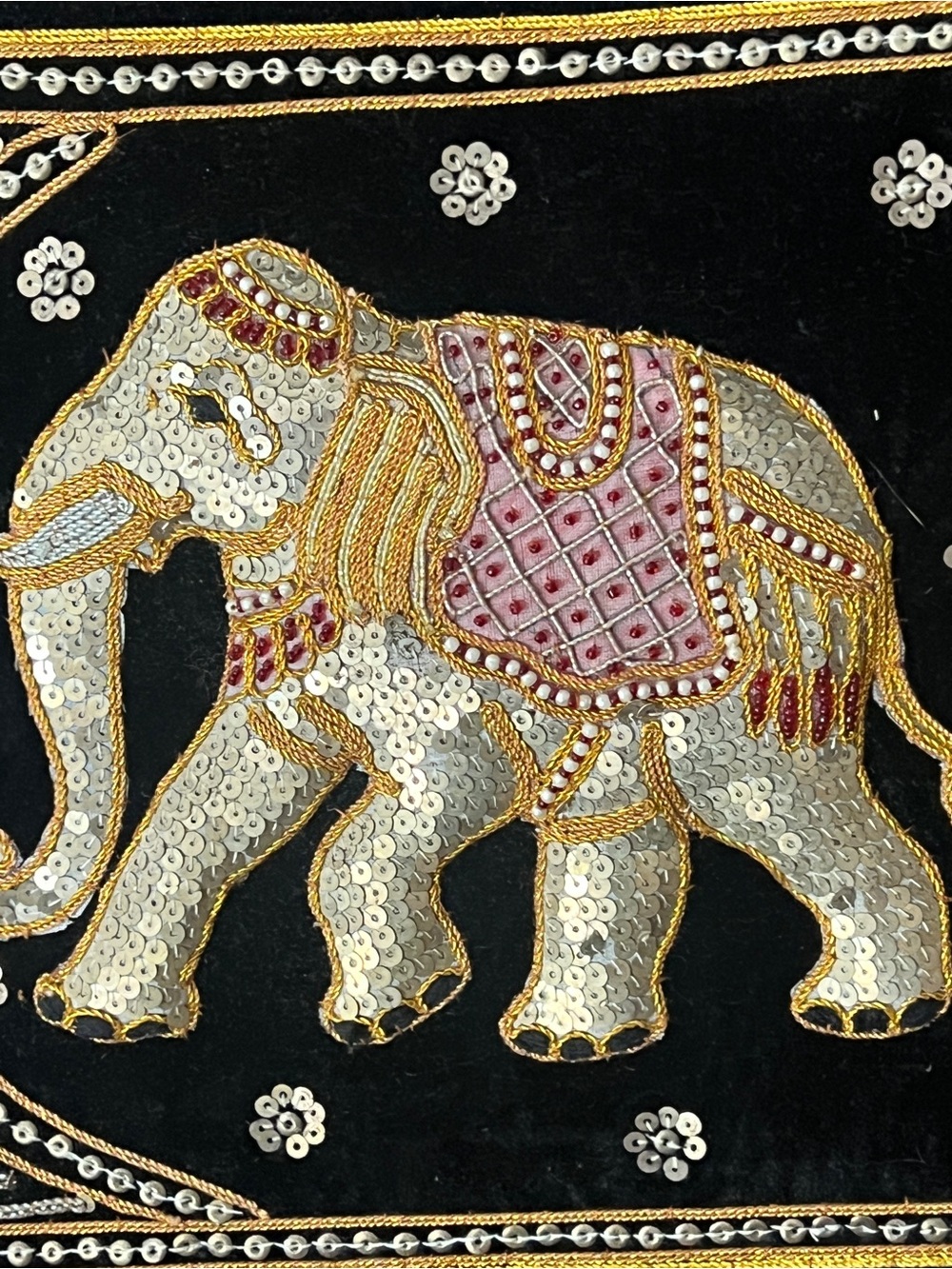 Vtg Wall Hanging Thai Burmese Kalaga mounted Tapestry Beaded Elephants
